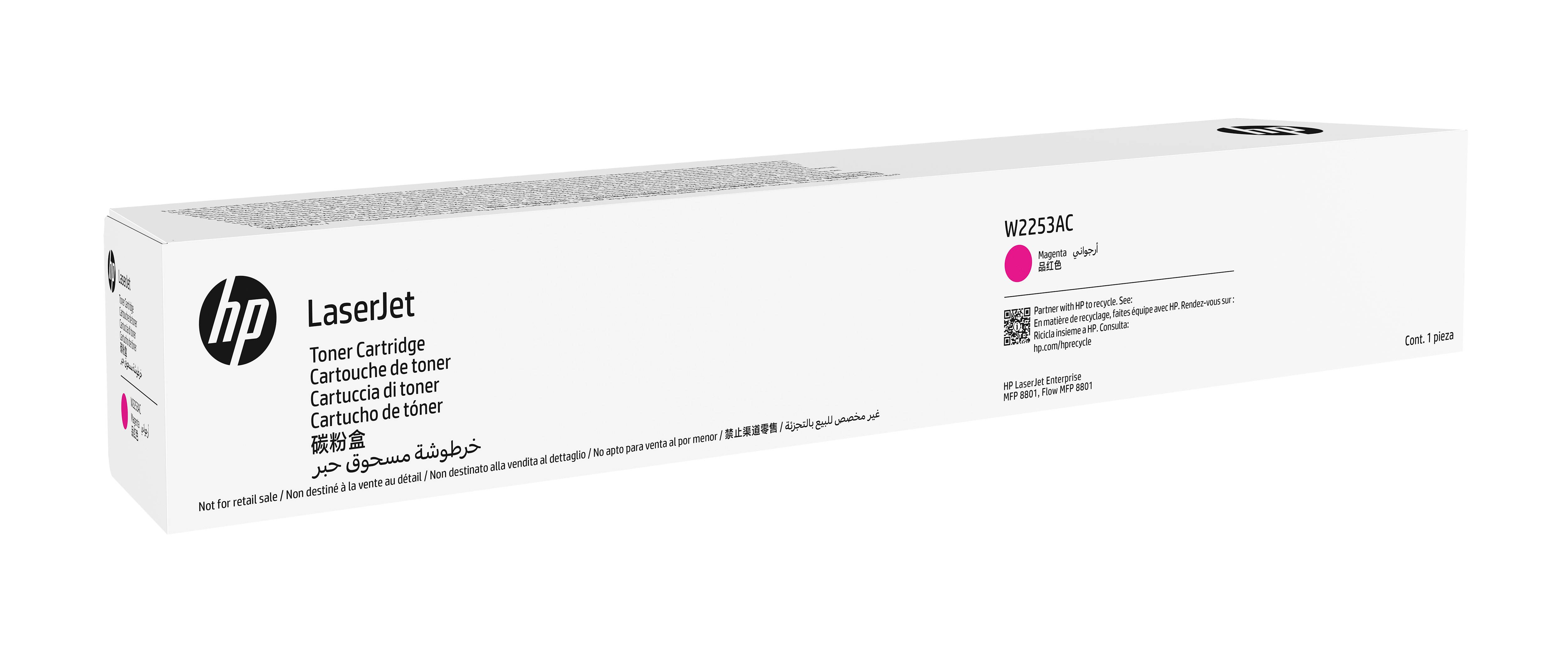 HP LaserJet Tonerpatrone, Modell W2253AC, weiße Verpackung mit Magenta-Farbmarkierung.