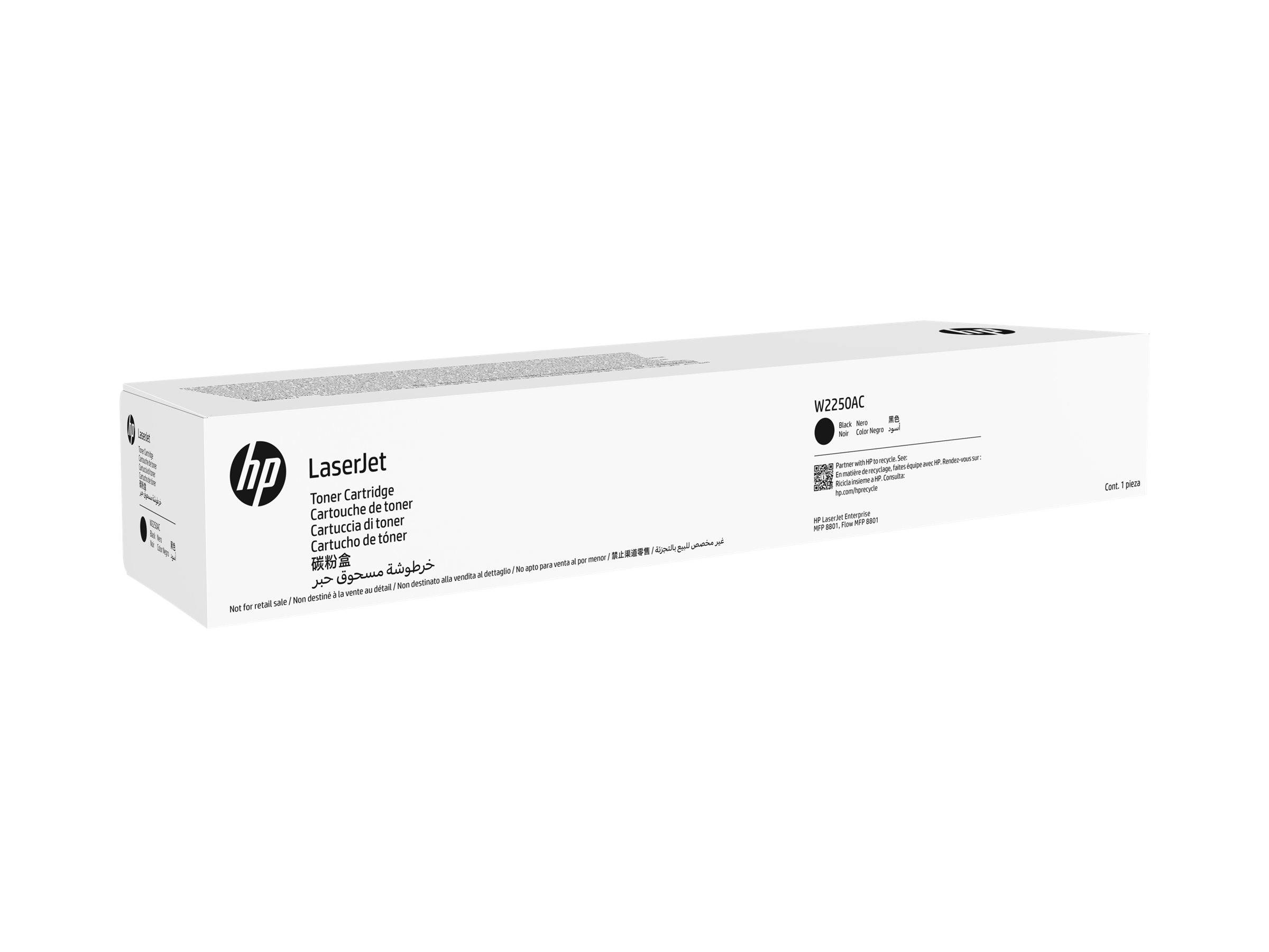 HP LaserJet Tonerkartusche mit der Modellnummer W2250AC, ausgestattet mit mehrsprachigem Text und einem QR-Code auf der Verpackung.