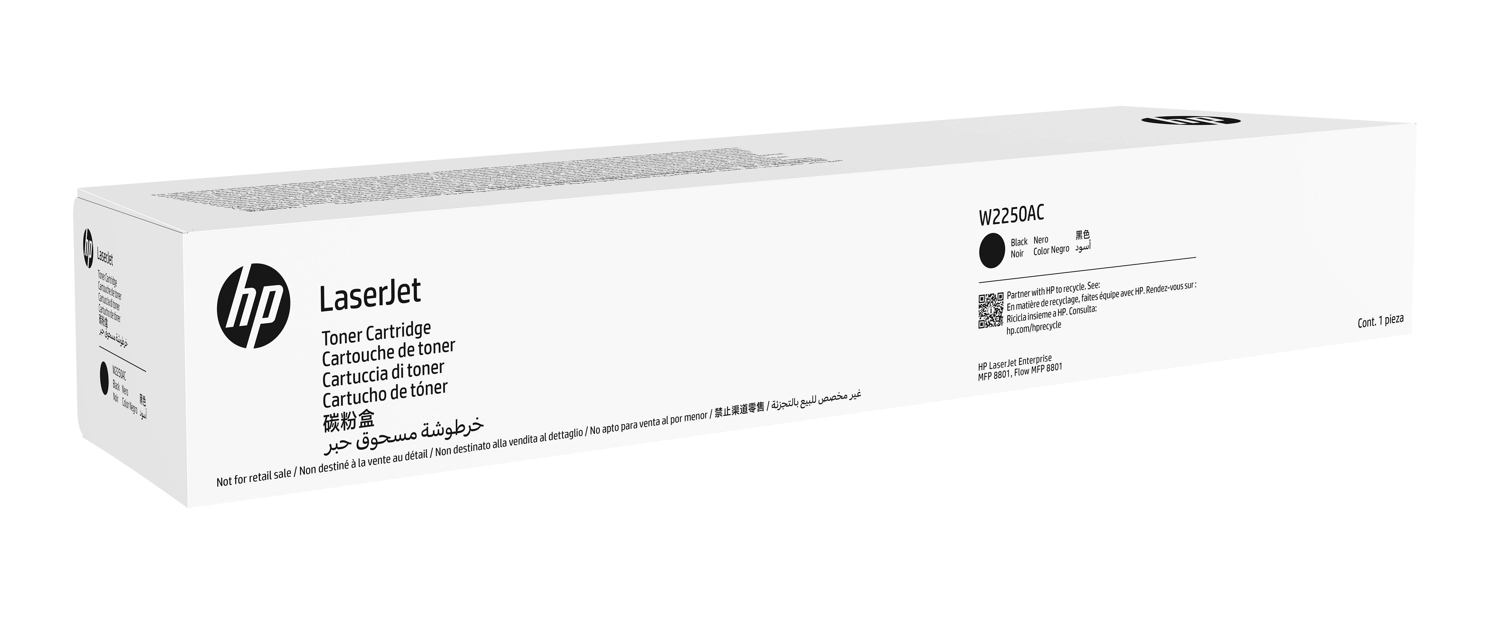 HP LaserJet Tonerkartusche, weiße Verpackung in perspektivischer Darstellung mit Produktetikett und Modellnummer W2250AC auf der Vorderseite.