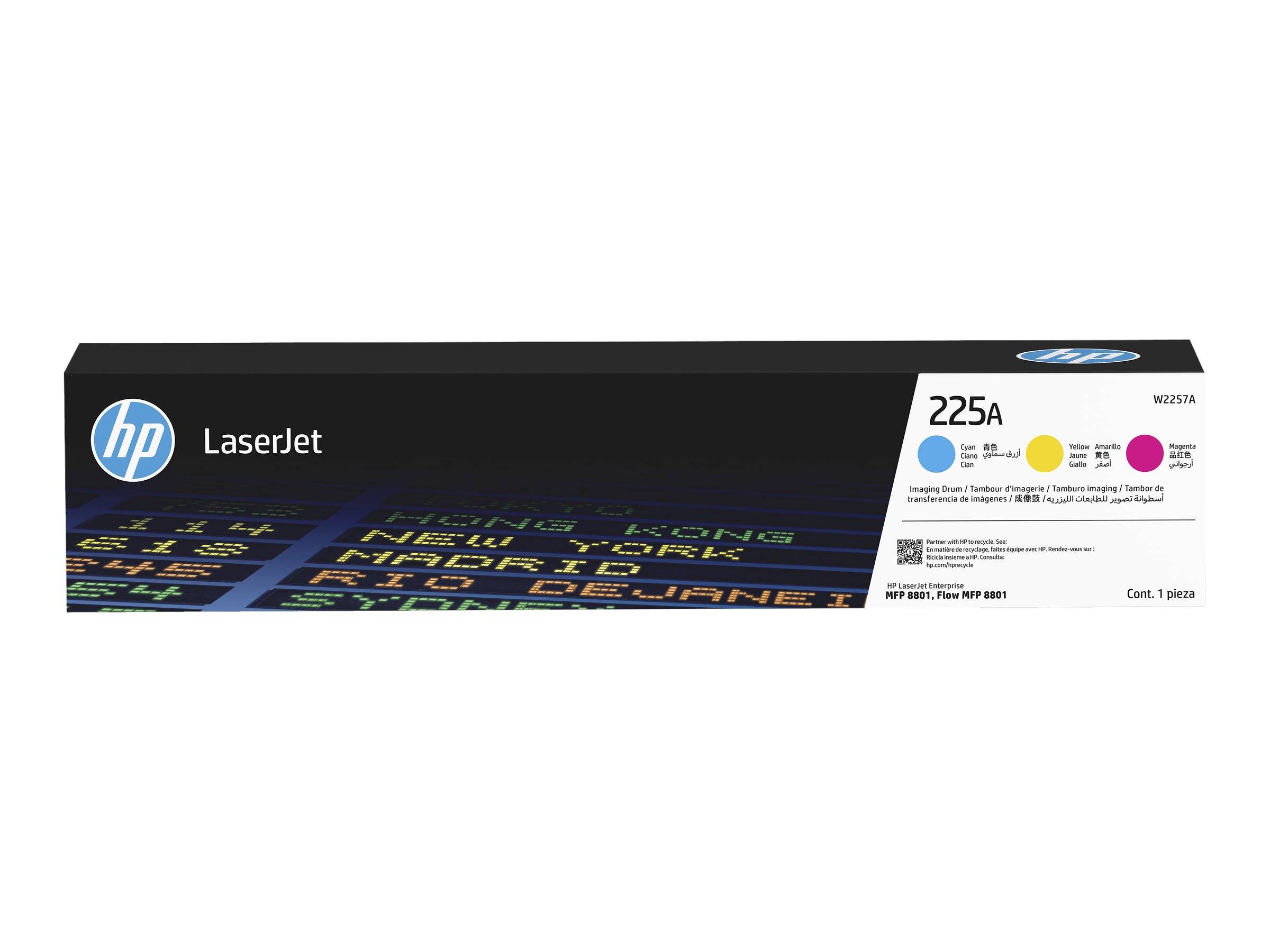 Eine Verpackung für eine '225A LaserJet' Tonerkartusche, in Schwarz und Blau gestaltet, mit Schwerpunkt auf Kompatibilität und QR-Code-Details.