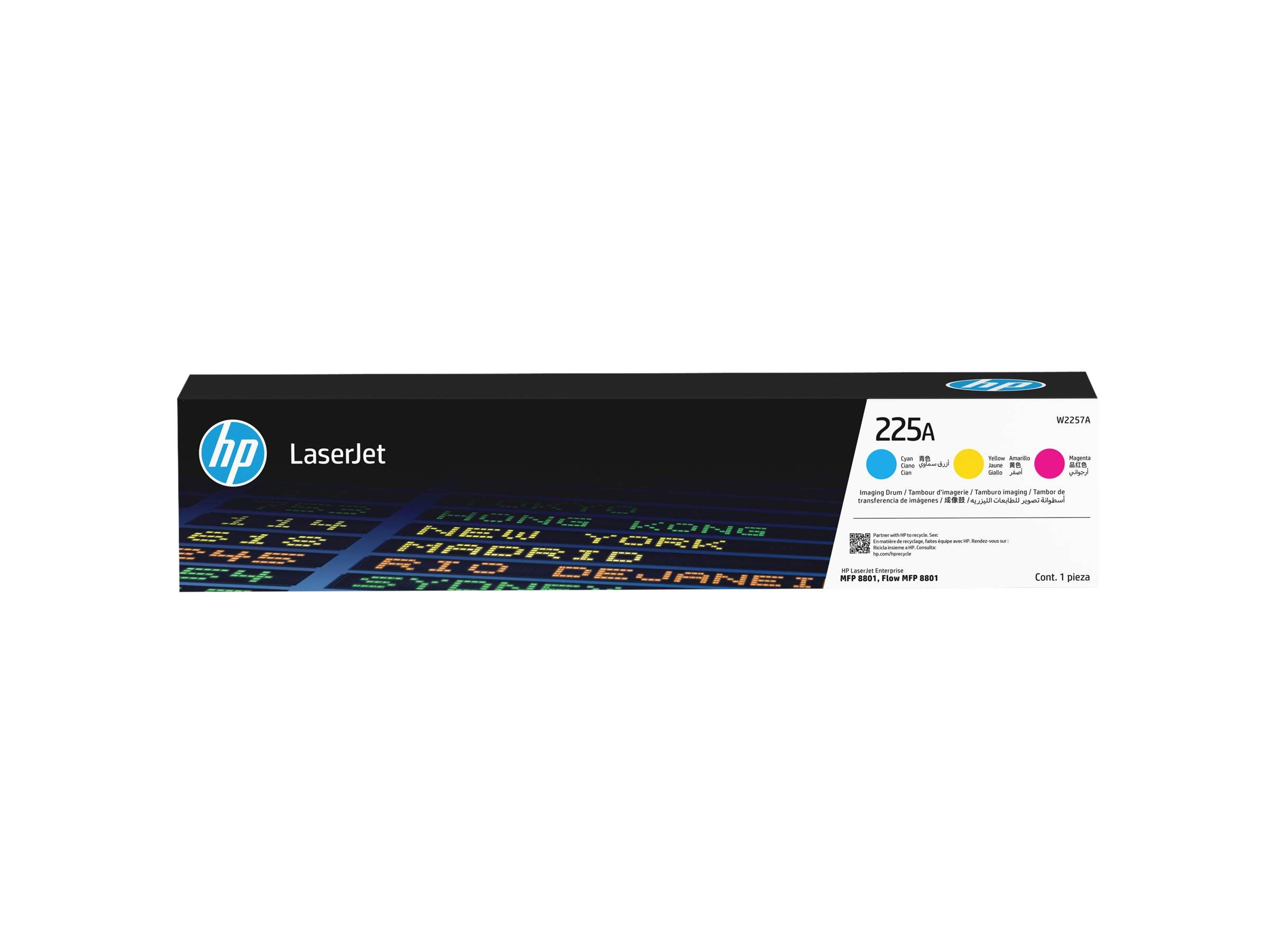 Verpackungskarton für HP LaserJet 225A Tonerkartusche, mit Textanzeigen und Farbindikatoren für Cyan-, Gelb- und Magentafarbtoner.