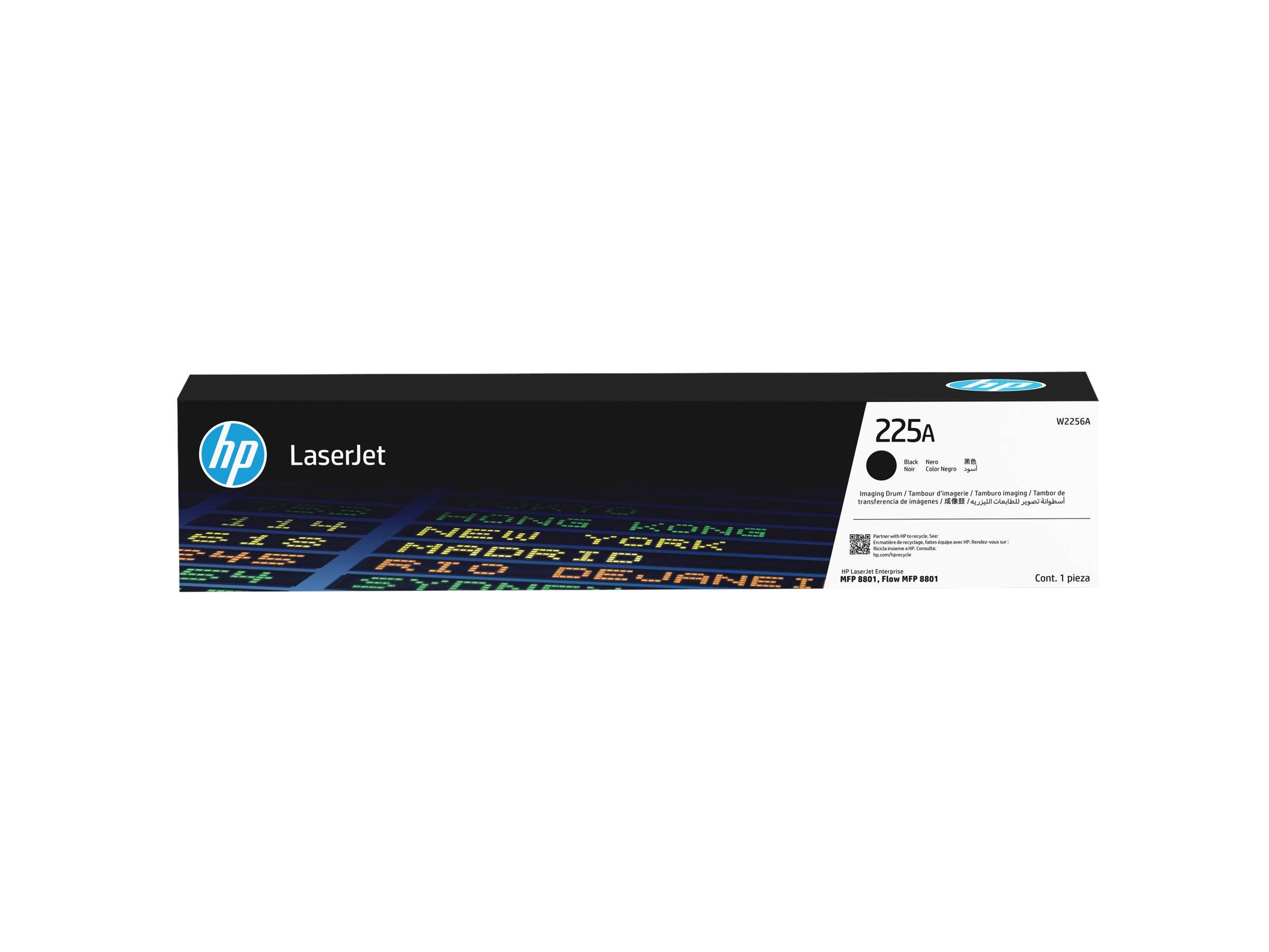 HP LaserJet 225A Tonerkartusche, Verpackung mit Modelldetails und Produktinformationen auf einer schwarzen und blauen Box.