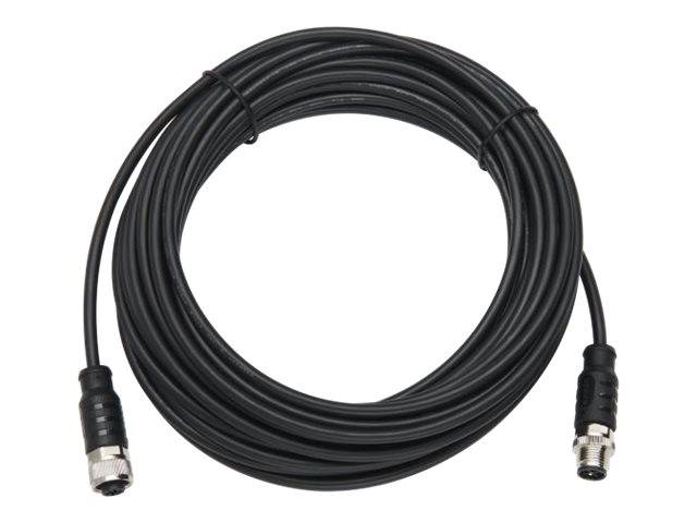 Aufgerolltes schwarzes Kabel mit Metallsteckern an beiden Enden, auf weißem Hintergrund dargestellt.