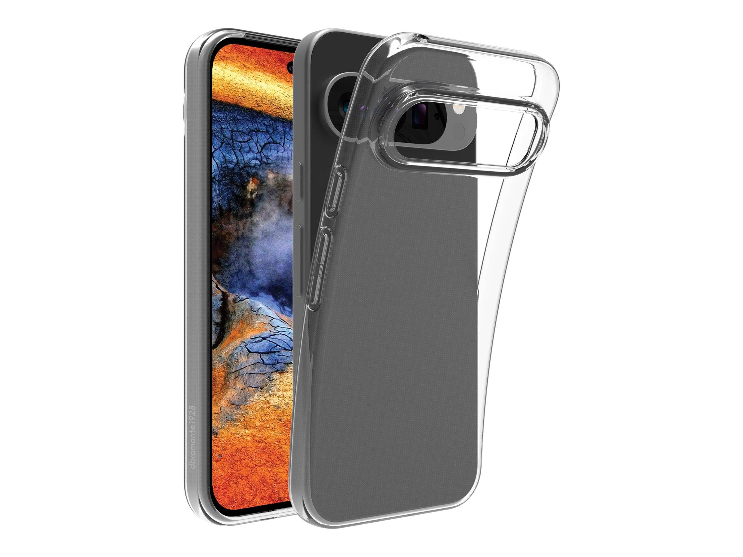 Transparente Handyhülle, die die Rück- und Seitenansicht eines Smartphones zeigt und ein lebendiges, farbenfrohes Bildschirmdesign hervorhebt.