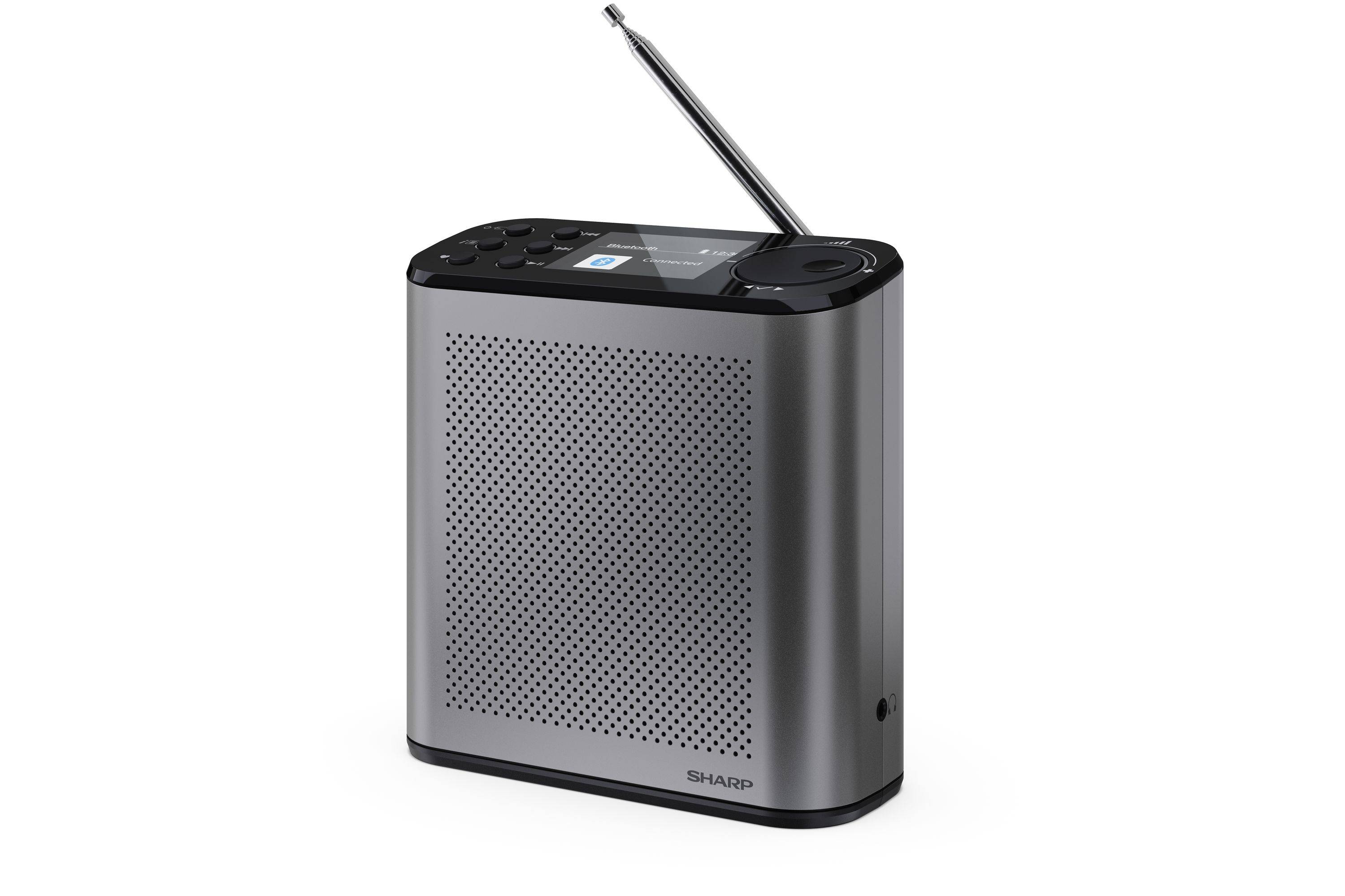 Ein kompaktes, silbernes tragbares Radio mit digitaler Anzeige und ausfahrbarer Antenne, mit Steuertasten auf der Oberseite.