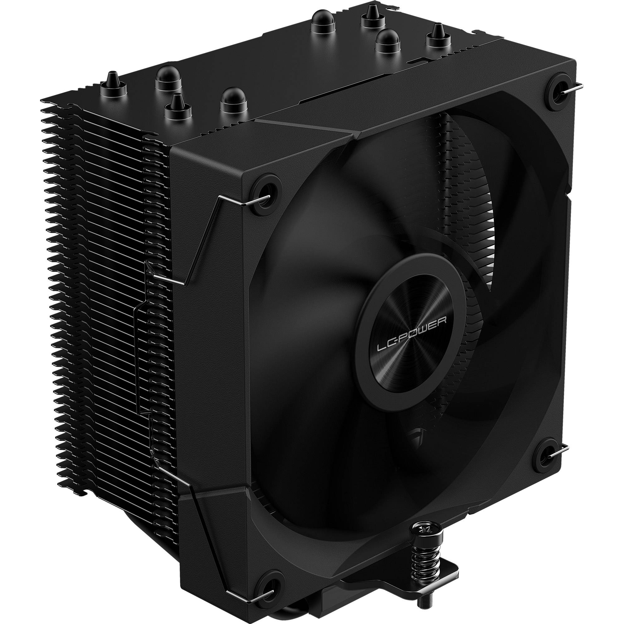 Ein schwarzer CPU-Kühler mit einem großen Lüfter und gestapelten Metalllamellen, entwickelt für eine effektive Wärmeableitung in Computern.