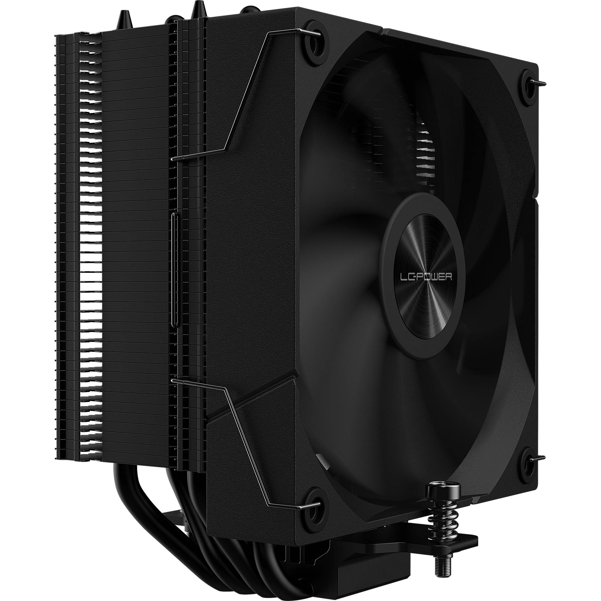 Ein schwarzer CPU-Kühler mit einem großen Lüfter und mehreren Kühlrippen zur Wärmeableitung, entwickelt für die Kühlung von Computerhardware.