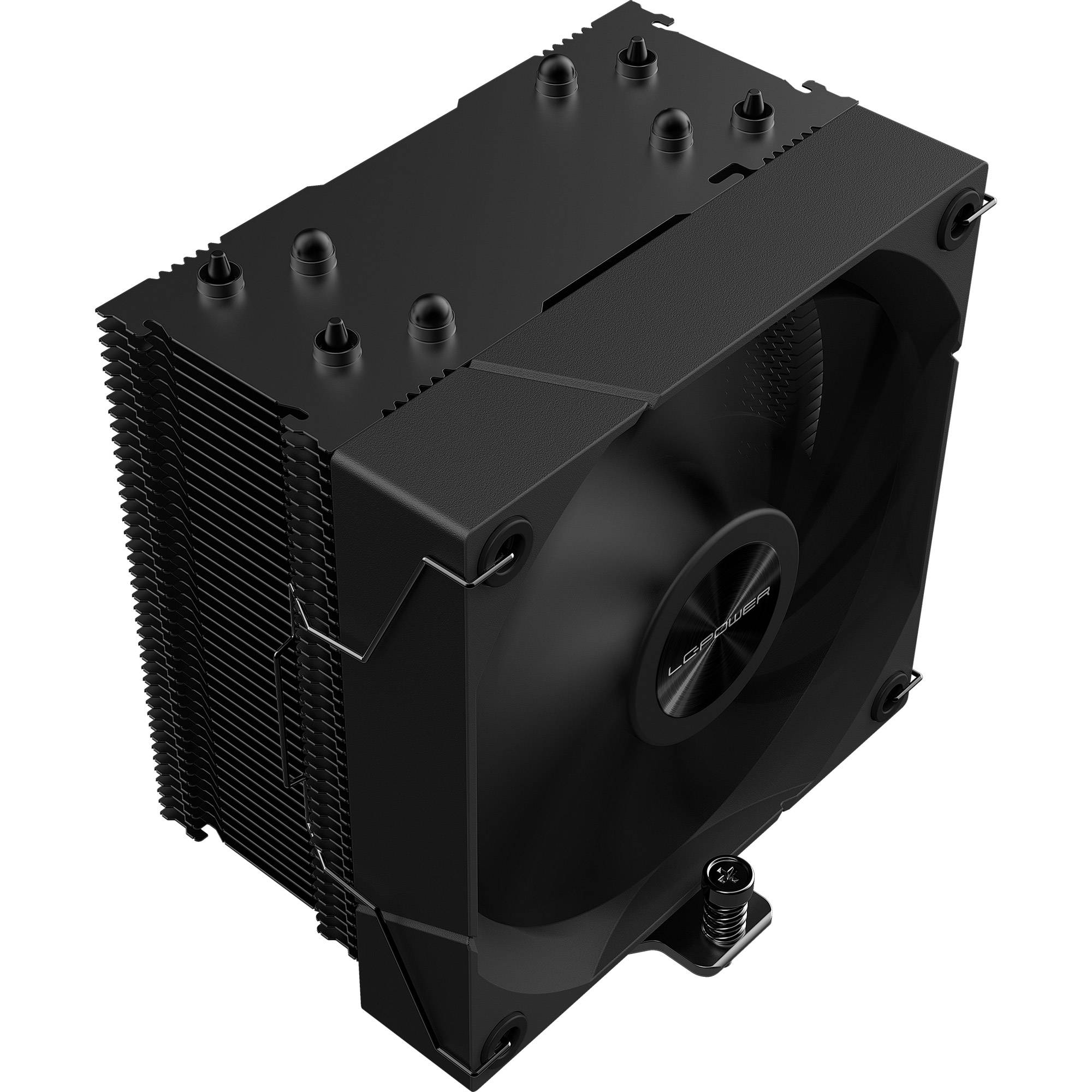 Ein großer schwarzer CPU-Kühler mit Lüfter und Kühlrippen, entwickelt für eine effiziente Computerkühlung und mit mehreren Hitzepipes auf der Oberseite.