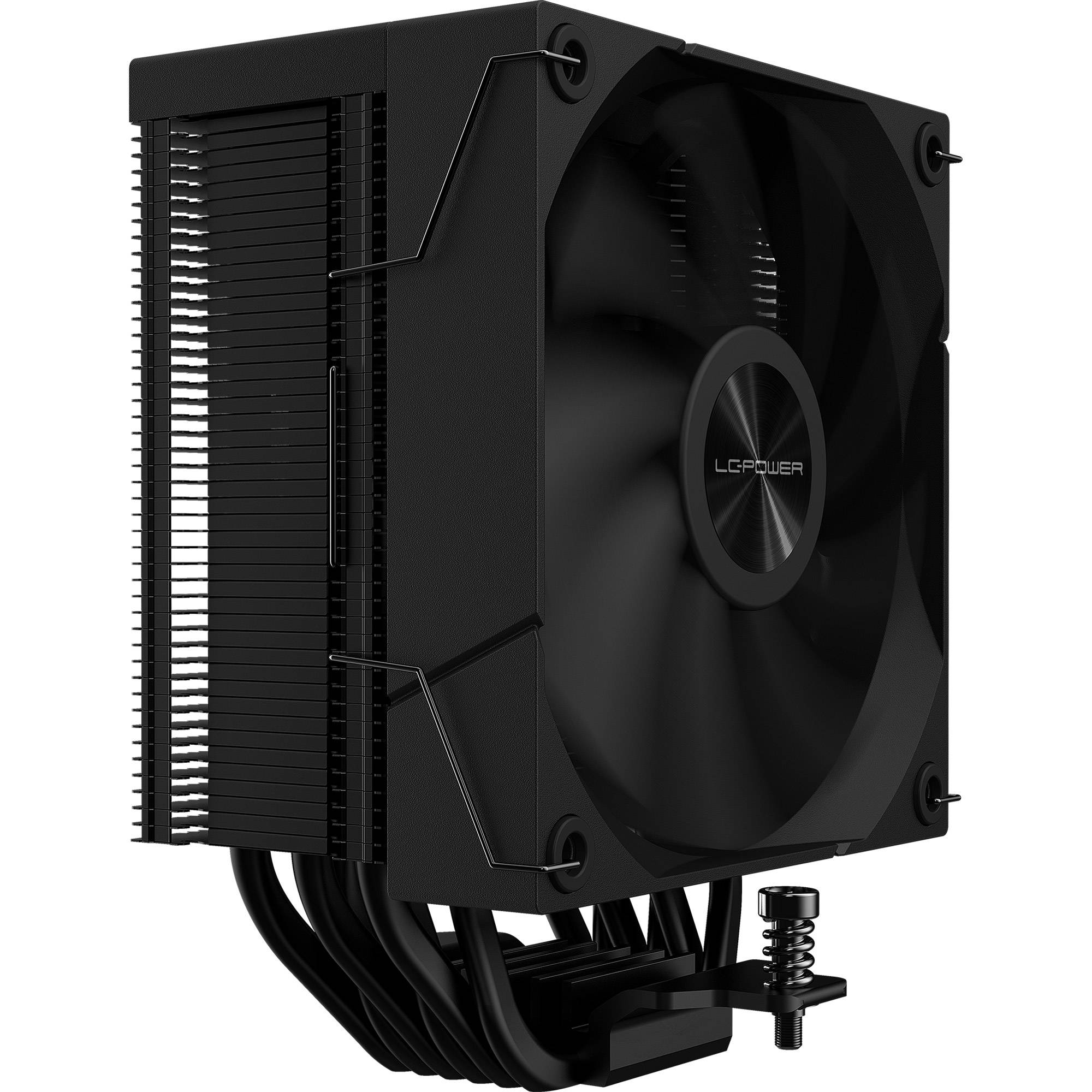 Ein schwarzer Computer-Kühlventilator mit mehreren Kühlkörper-Lamellen und Kupfer-Heatpipes, entwickelt für effizientes CPU-Temperaturmanagement.