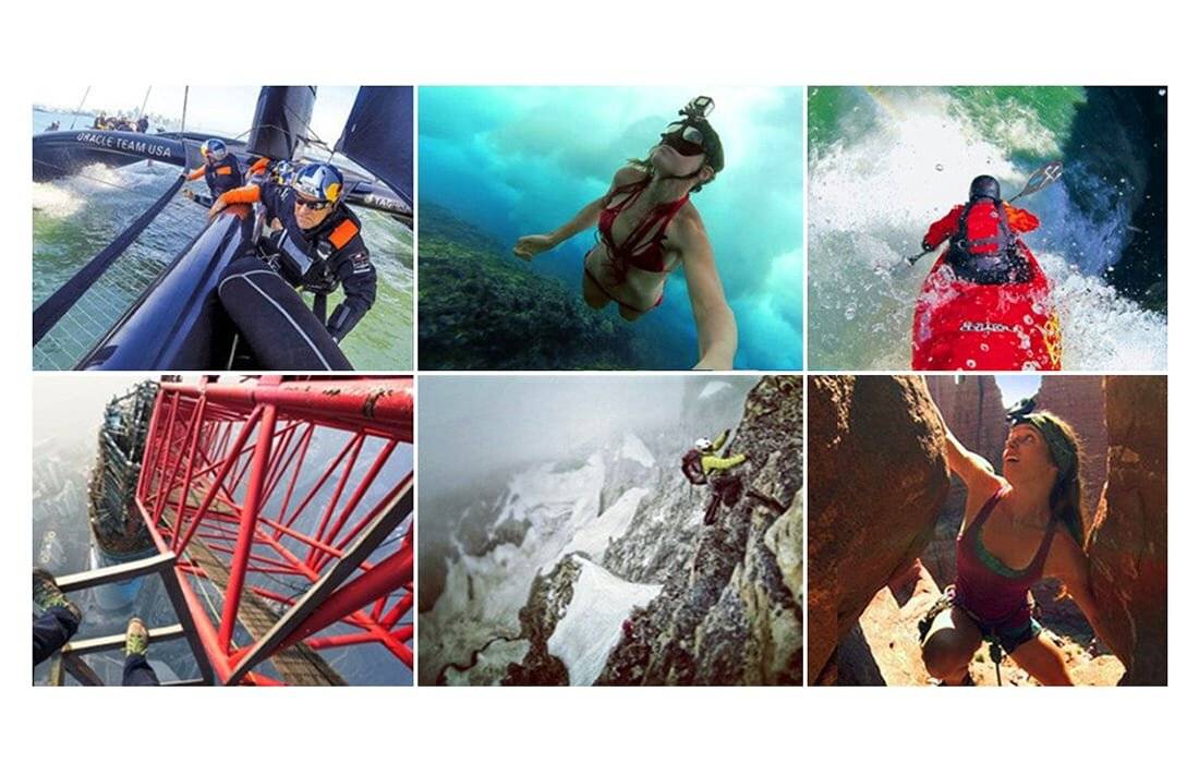 Sechs Bilder von Extremsportarten: Wingsuit-Fliegen, Sporttauchen, Wildwasser-Kajakfahren, Base-Jumping, Bergsteigen, Felsklettern.