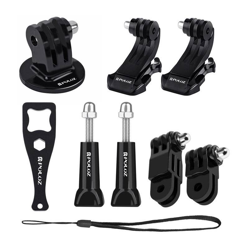 Kamera-Befestigungsset mit verschiedenen schwarzen Halterungen, Schrauben und einem Schraubenschlüssel für Action-Kameras, einschließlich flacher und gekrümmter Basen.