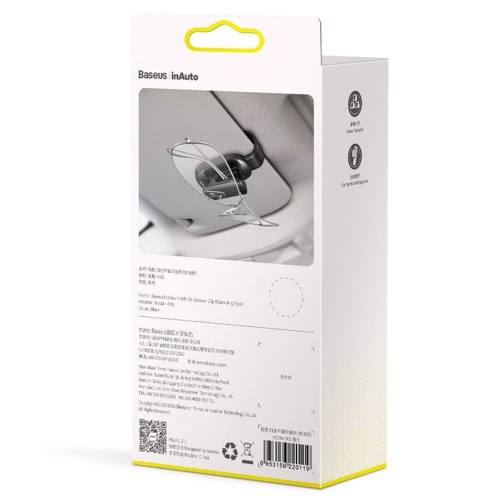 Die Verpackung zeigt eine Handyhalterung für die Sonnenblende eines Autos. Sie hebt Funktionen wie 360-Grad-Drehung und Kompatibilität mit den meisten Telefonen hervor.