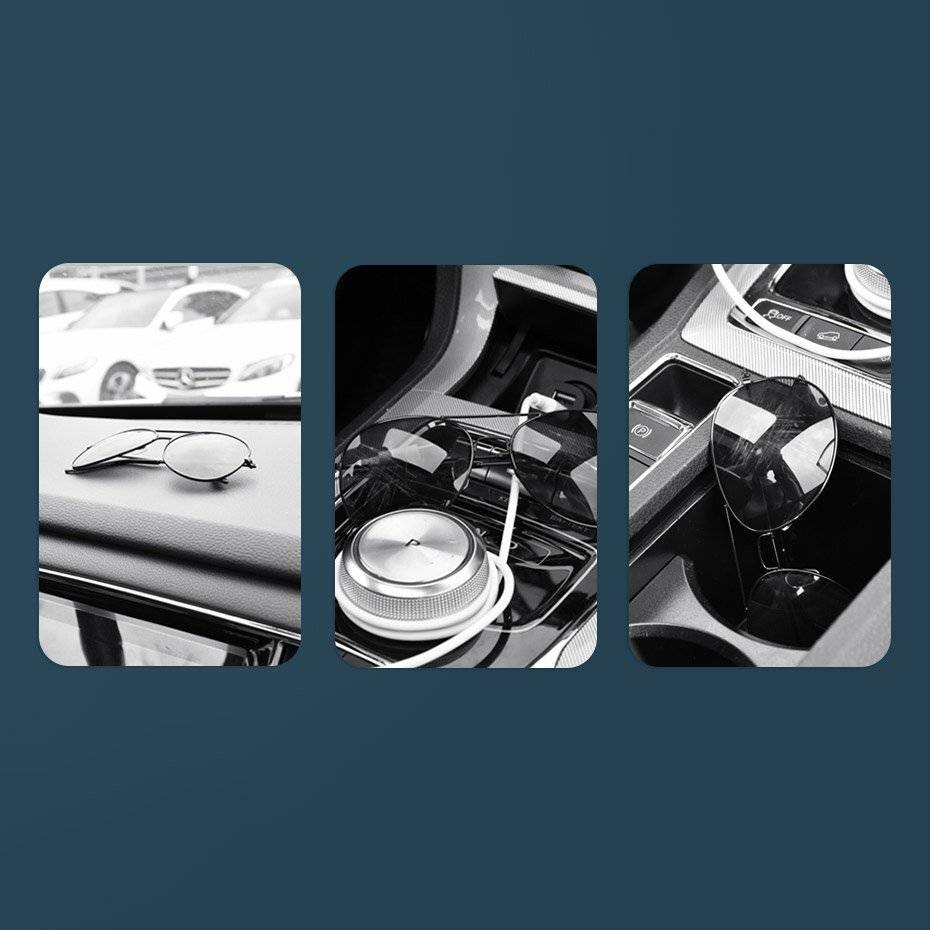 „Drei Bilder des Autoinnenraums: 1) Sonnenbrille auf dem Armaturenbrett, 2) Sonnenbrille neben einem Drehknopf der Mitttelkonsole, 3) Sonnenbrille in einem Getränkehalter.