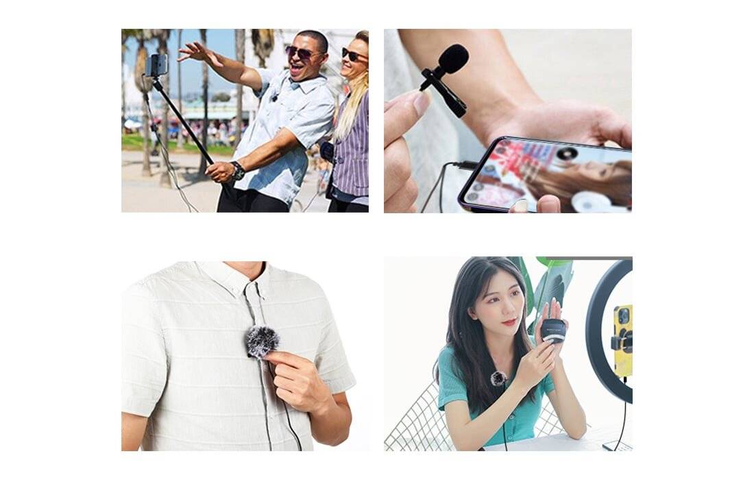Personen, die Mikrofone mit Smartphones in verschiedenen Umgebungen verwenden: draußen mit Selfiestick, am Hemd für klare Aufnahmen und drinnen zum Vlogging.