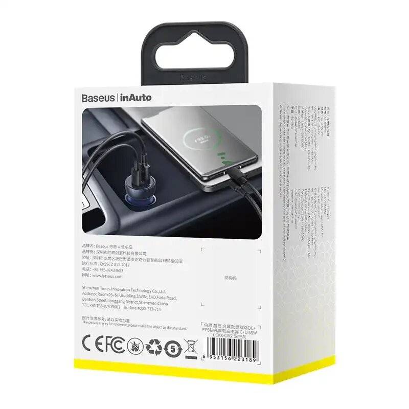 Baseus Particular Digital Display Autoladegerät mit Display, USB + USB-C, QC3.0+PD, 5A, 65W (grau)