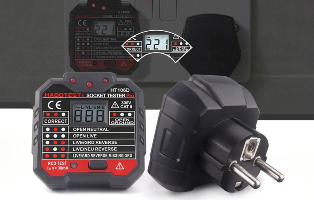 Habotest HT106D Steckdosenprüfgerät, AC 48-250V, LCD-Spannungsanzeige, RCD-Test