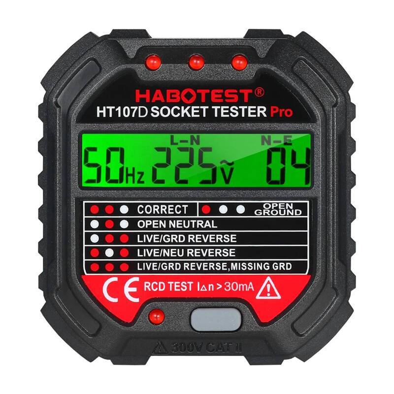 Habotest HT107D Steckdosenprüfgerät mit Digitalanzeige und RCD-Testfunktion