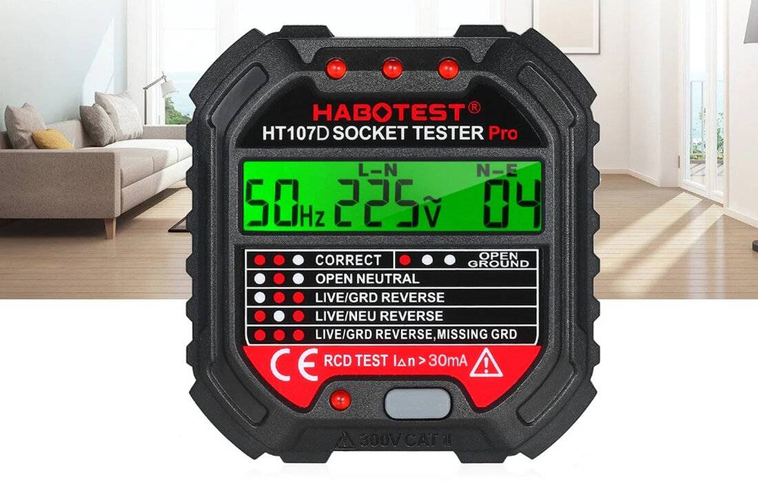 Habotest HT107D Steckdosenprüfgerät mit Digitalanzeige und RCD-Testfunktion