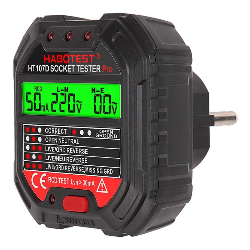 Habotest HT107D Steckdosenprüfgerät mit Digitalanzeige und RCD-Testfunktion