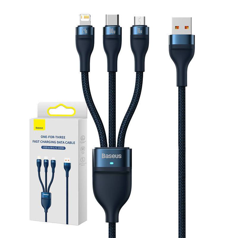 3in1 USB-Kabel Baseus Flash Series, USB-C + micro USB + Lightning, 100W, 1,2m (blau)