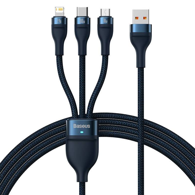 3in1 USB-Kabel Baseus Flash Series, USB-C + micro USB + Lightning, 100W, 1,2m (blau)