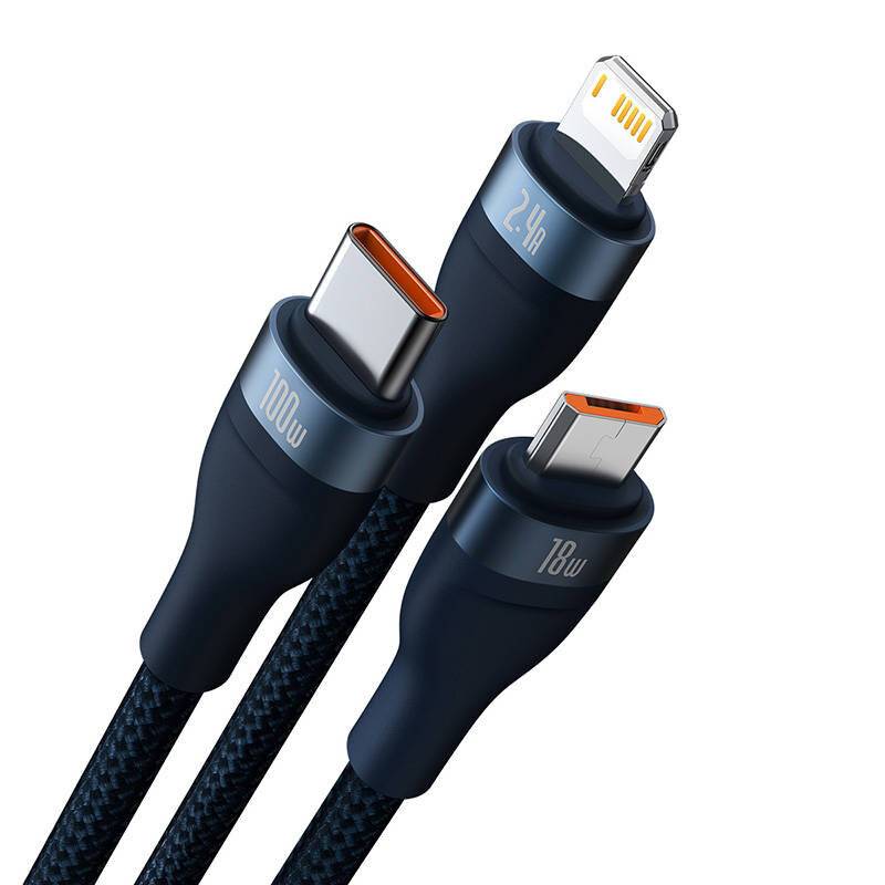 3in1 USB-Kabel Baseus Flash Series, USB-C + micro USB + Lightning, 100W, 1,2m (blau)