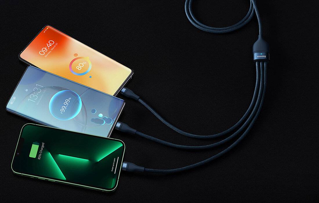 3in1 USB-Kabel Baseus Flash Series, USB-C + micro USB + Lightning, 100W, 1,2m (blau)