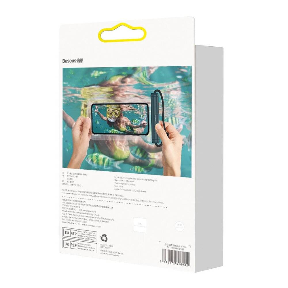 Ein Paket mit einer wasserdichten Smartphone-Hülle mit einem Telefon im Inneren, das eine Person beim Schwimmen anzeigt und die Wasserbeständigkeit hervorhebt.