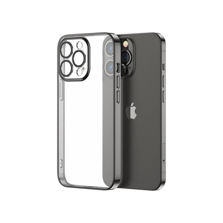 Ein transparantes Handyhülle neben einem dunklen Smartphone. Die Hülle verfügt über eine Aussparung für dreifache Kameralinsen und passt sich zum Design des Telefons an.