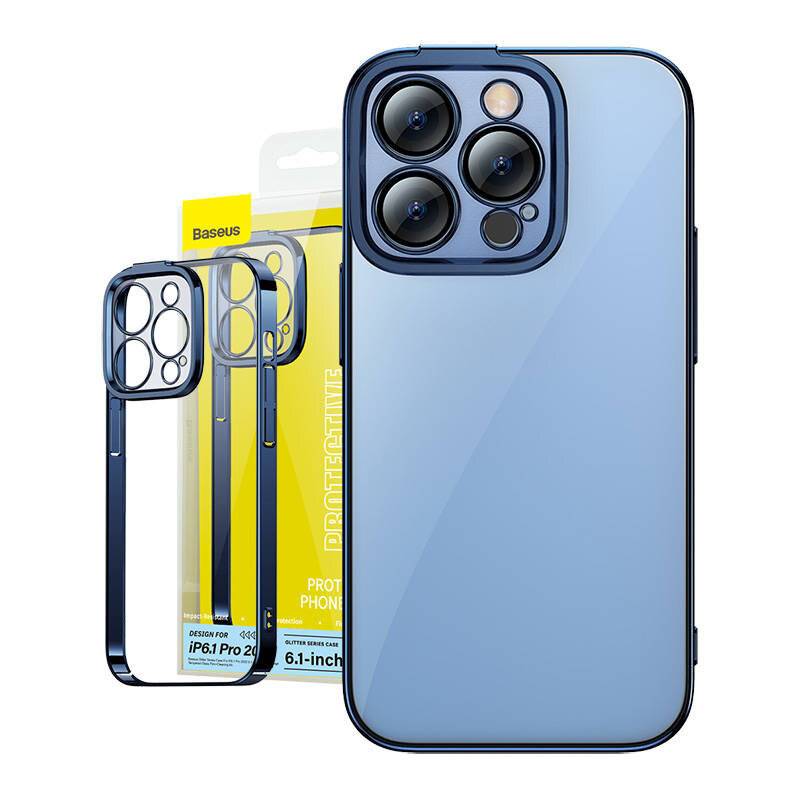 Baseus Glitter Transparentes Gehäuse und gehärtetes Glas Set für iPhone 14 Pro (blau)