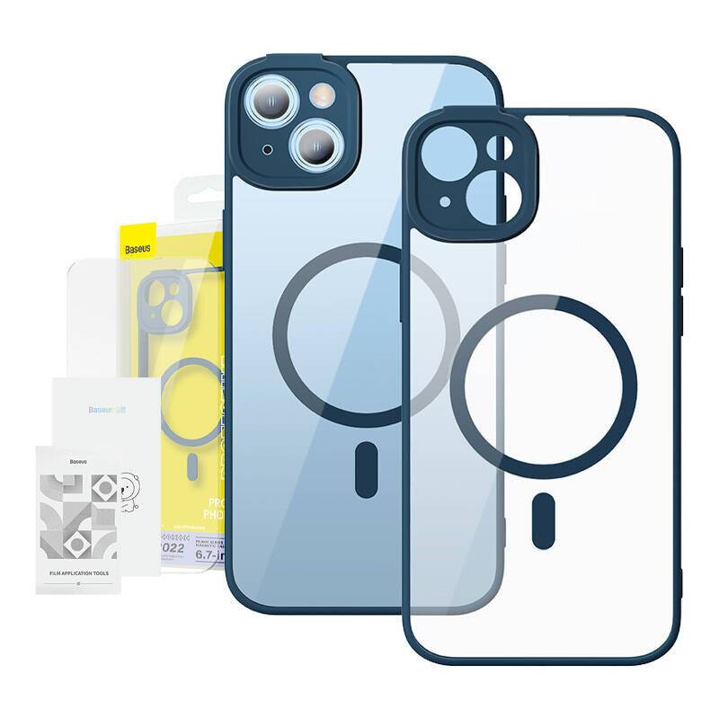 Baseus Frame Transparente magnetische Hülle und gehärtetes Glas Set für iPhone 14 Plus (blau)