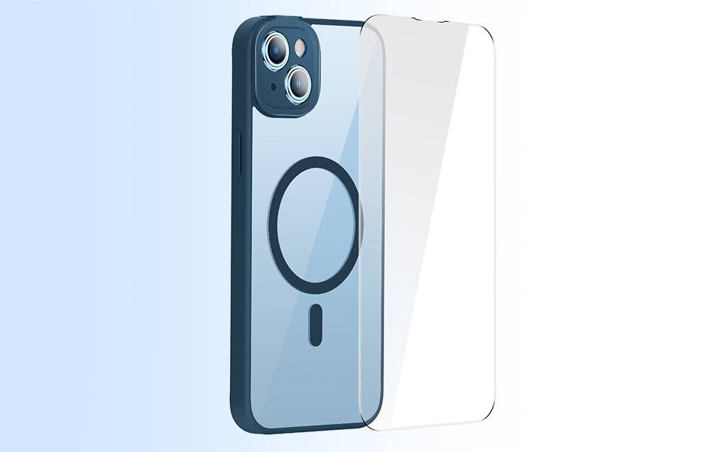 Baseus Frame Transparente magnetische Hülle und gehärtetes Glas Set für iPhone 14 Plus (blau)