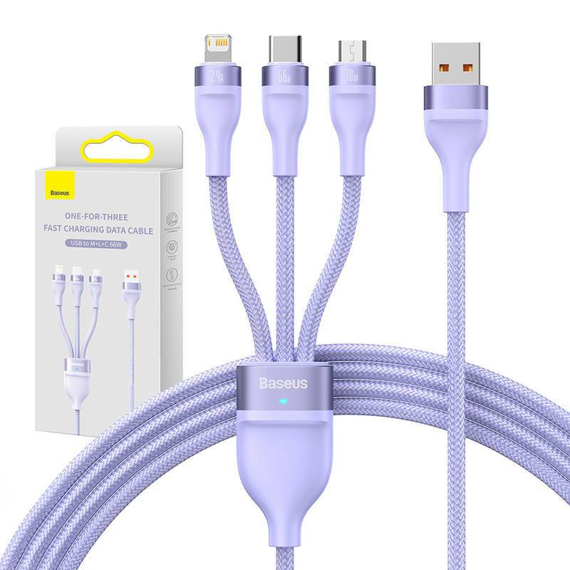 3in1 USB-Kabel Baseus Flash II Serie, USB-C + micro USB + Lightning, 66W, 1.2m (Violett)