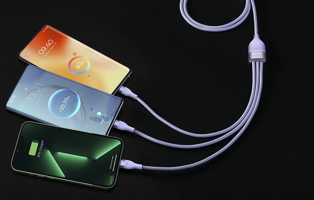 3in1 USB-Kabel Baseus Flash II Serie, USB-C + micro USB + Lightning, 66W, 1.2m (Violett)