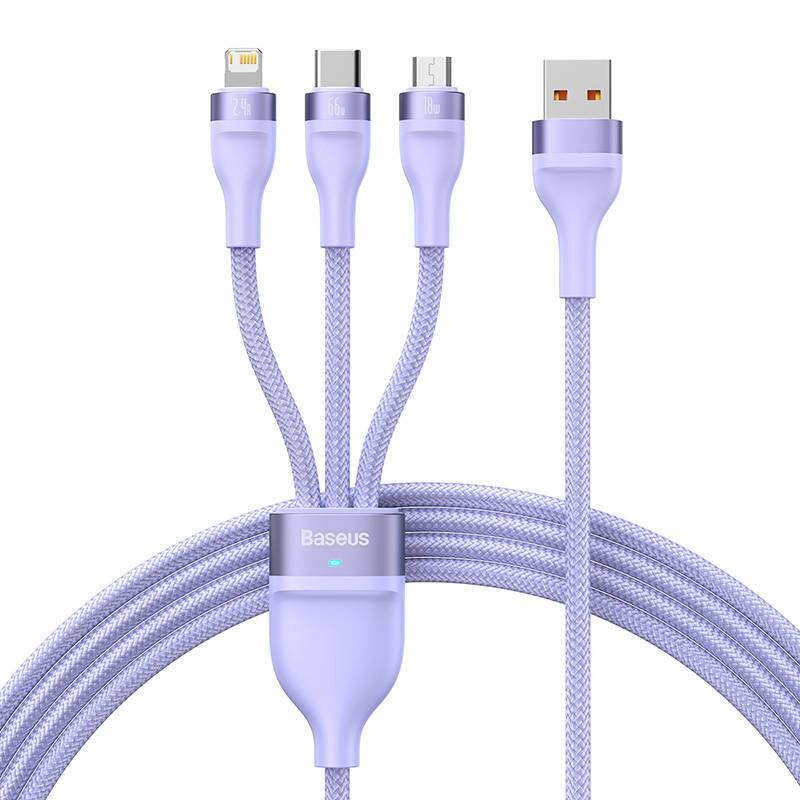 3in1 USB-Kabel Baseus Flash II Serie, USB-C + micro USB + Lightning, 66W, 1.2m (Violett)