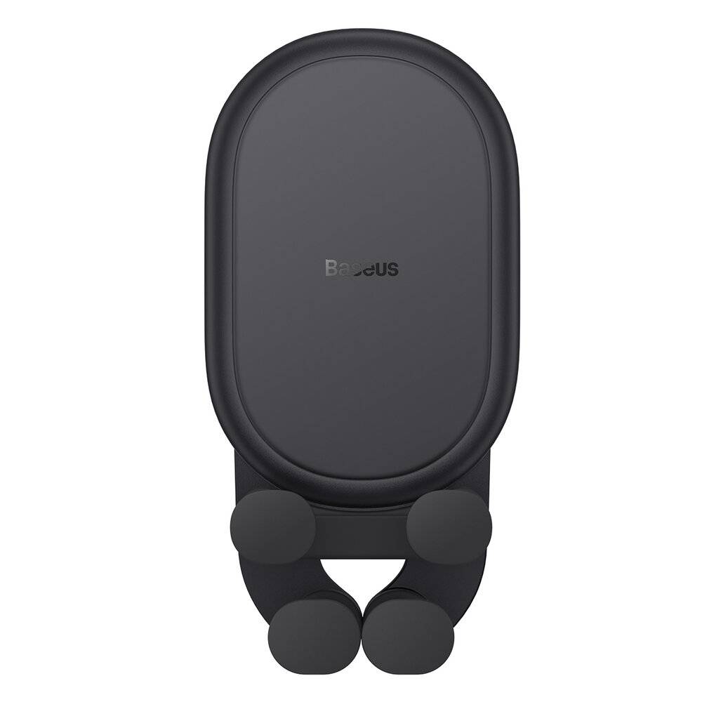 Ein schwarzer Baseus magnetischer Auto-Handyhalter mit schlankem Design und kreisförmigen Griffen zur Sicherung des Telefons.