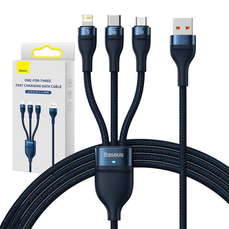 3in1 USB-Kabel Baseus USB 3in1 Baseus Flash Series, USB-C + Micro + Lightning 66W, 1.2m (blau)