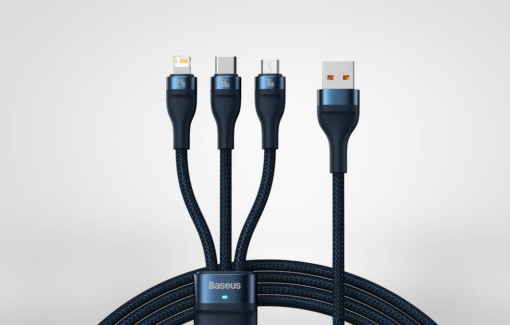 3in1 USB-Kabel Baseus USB 3in1 Baseus Flash Series, USB-C + Micro + Lightning 66W, 1.2m (blau)