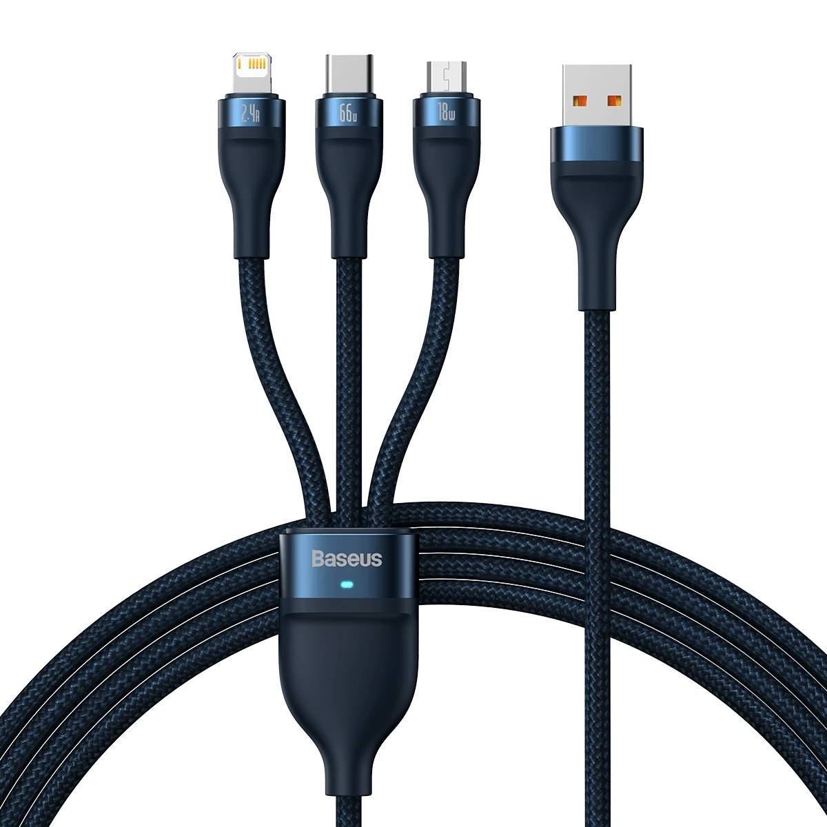 3in1 USB-Kabel Baseus USB 3in1 Baseus Flash Series, USB-C + Micro + Lightning 66W, 1.2m (blau)
