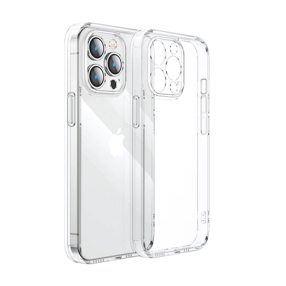 Ein transparantes Handyetui präsentiert und schützt ein Dual-Kamera-Smartphone, wobei das elegante Design des Geräts sichtbar bleibt und gleichzeitig vollständigen Zugriff auf Anschlüsse und Tasten bietet.
