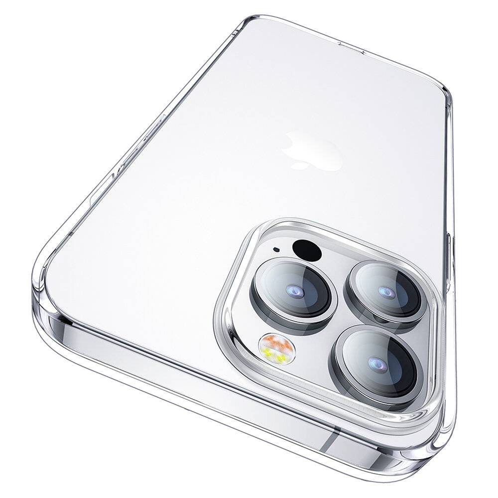 Ein schlankes, transparentes Handyhülle, das ein Smartphone mit einer Triple-Kamera auf der Rückseite zeigt.