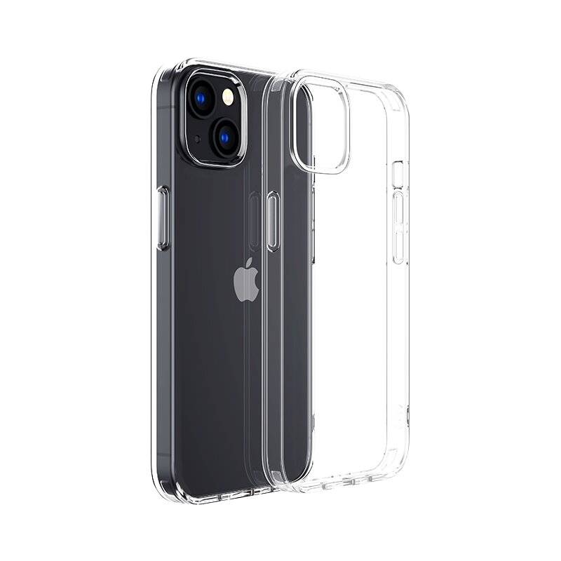 Eine transparente Handyhülle neben einem Smartphone, das ihre Passform zeigt. Die Hülle und das Telefon zeigen beide das Apple-Logo.