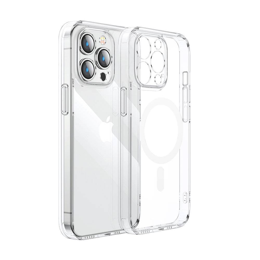 Zwei transparente Handyhüllen, die für ein Smartphone mit dreifacher Kamera konzipiert sind, präsentieren ein elegantes Design und MagSafe-Kompatibilität.