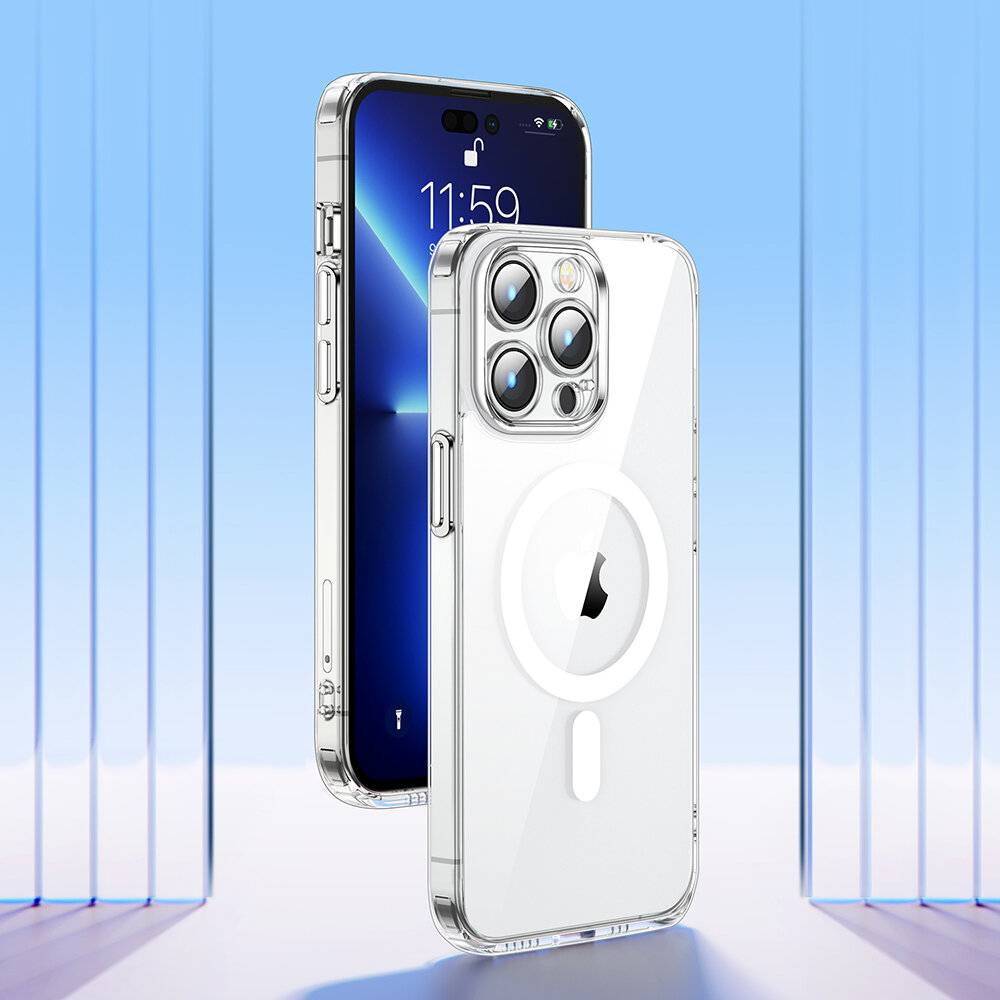 Ein Smartphone mit einer transparenten Schutzhülle wird vor einem blauen Farbverlaufshintergrund angezeigt. Das Telefon zeigt eine Uhrzeit von 11:59.