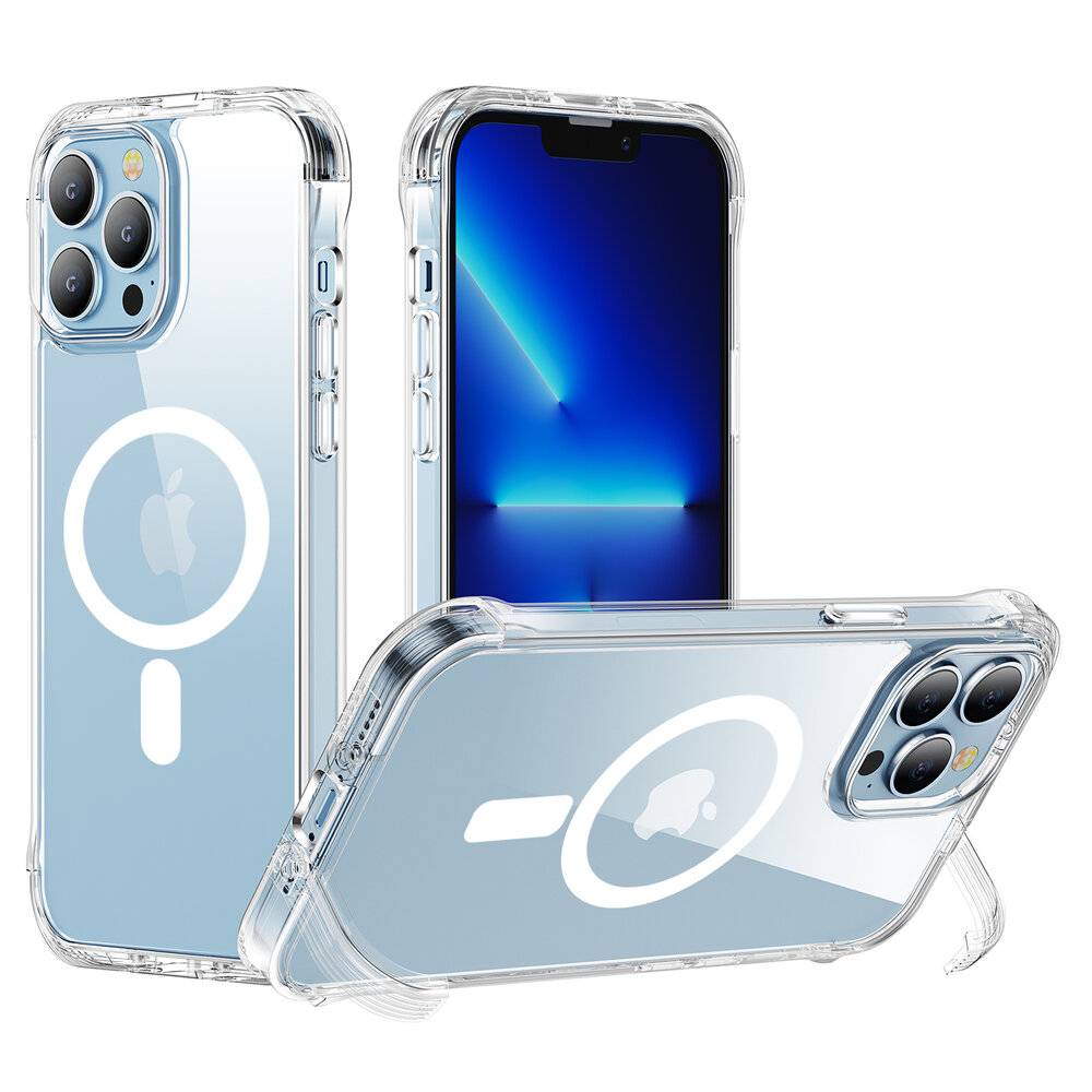 Transparente Handyhüllen für Smartphones, dargestellt auf drei Geräten. Die Hüllen verfügen über ein MagSafe-kompatibles kreisförmiges Design.