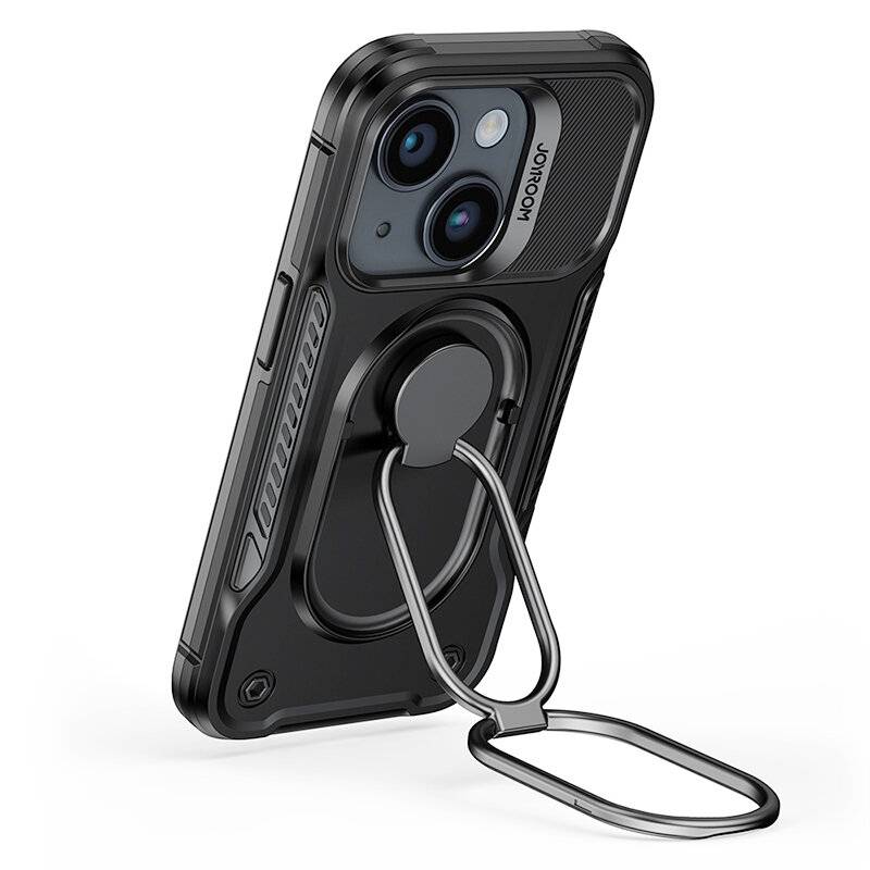Ein Smartphone-Case mit schwarzer Oberfläche verfügt über zwei rückseitige Kameras und einen angebrachten Metallringständer zur Unterstützung, aufrecht positioniert.