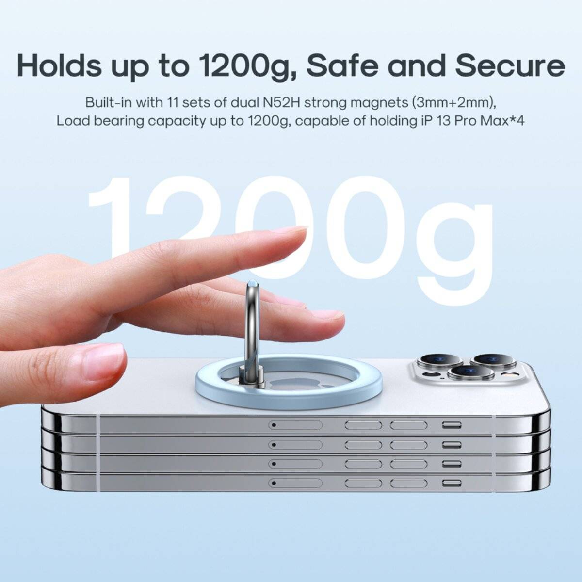 Eine Hand hebt ein Smartphone mit einem magnetischen Ringhalter. Der Text lautet: 