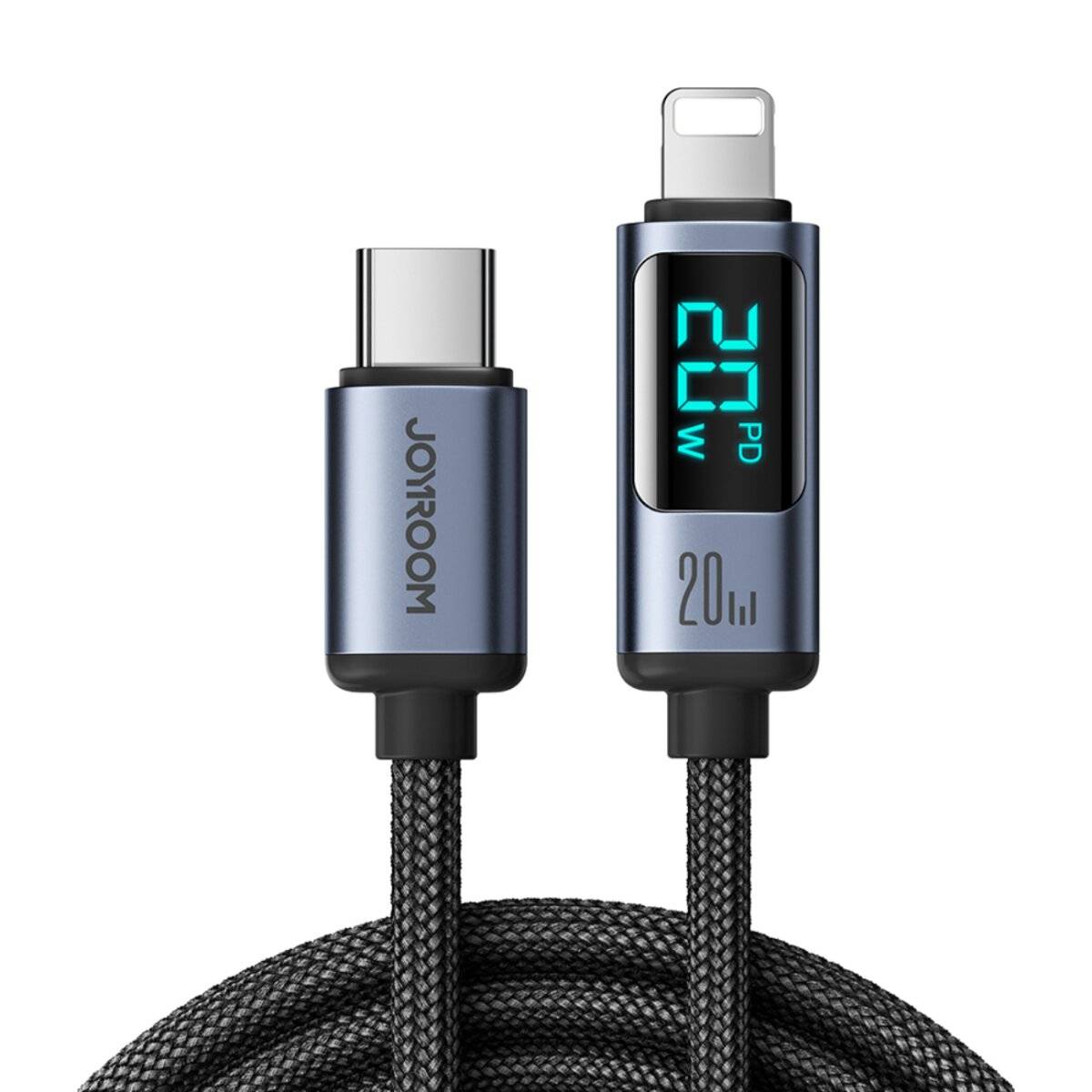 USB-C auf Lightning Ladekabel mit angezeigter 20-W-Leistungsfähigkeit, entwickelt für Schnellladung mit geflochtener Konstruktion für Langlebigkeit.