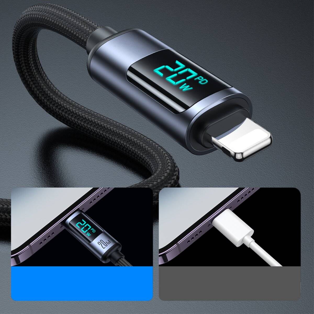 Eine Nahaufnahme eines geflochtenen Ladekabels mit einer digitalen Anzeige, die '27W PD' zeigt, das mit einem Smartphone verwendet wird und die schnelle Ladekapazität hervorhebt.