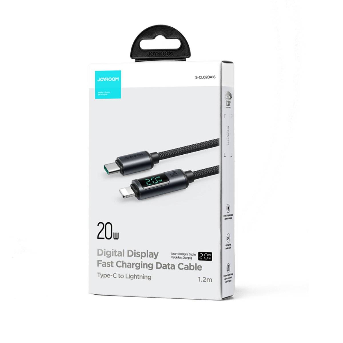 Ein 1,2 m digitales Ladekabel mit Display in Verpackung, mit Type-C zu Lightning-Design, ausgestattet mit 20W Leistungsabgabe.